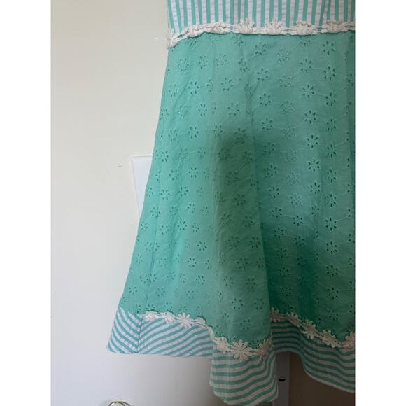 Vtg Rare Editions Eyelet Lace Dress Mint Green and Stripe Bow Back Girls 10 - Picture 3 of 6